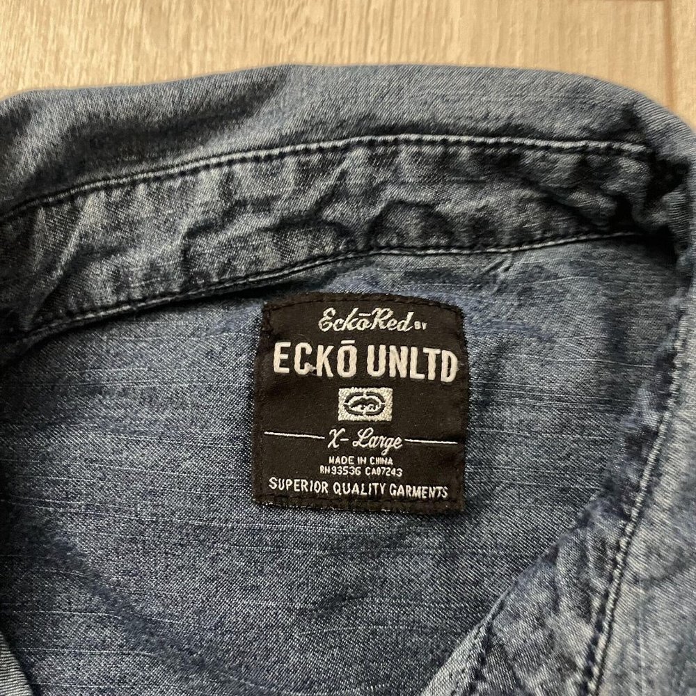 Ecko Unltd Men's Button Up Denim Shirt Slim Fit Blue Size XL - Picture 8 of 9